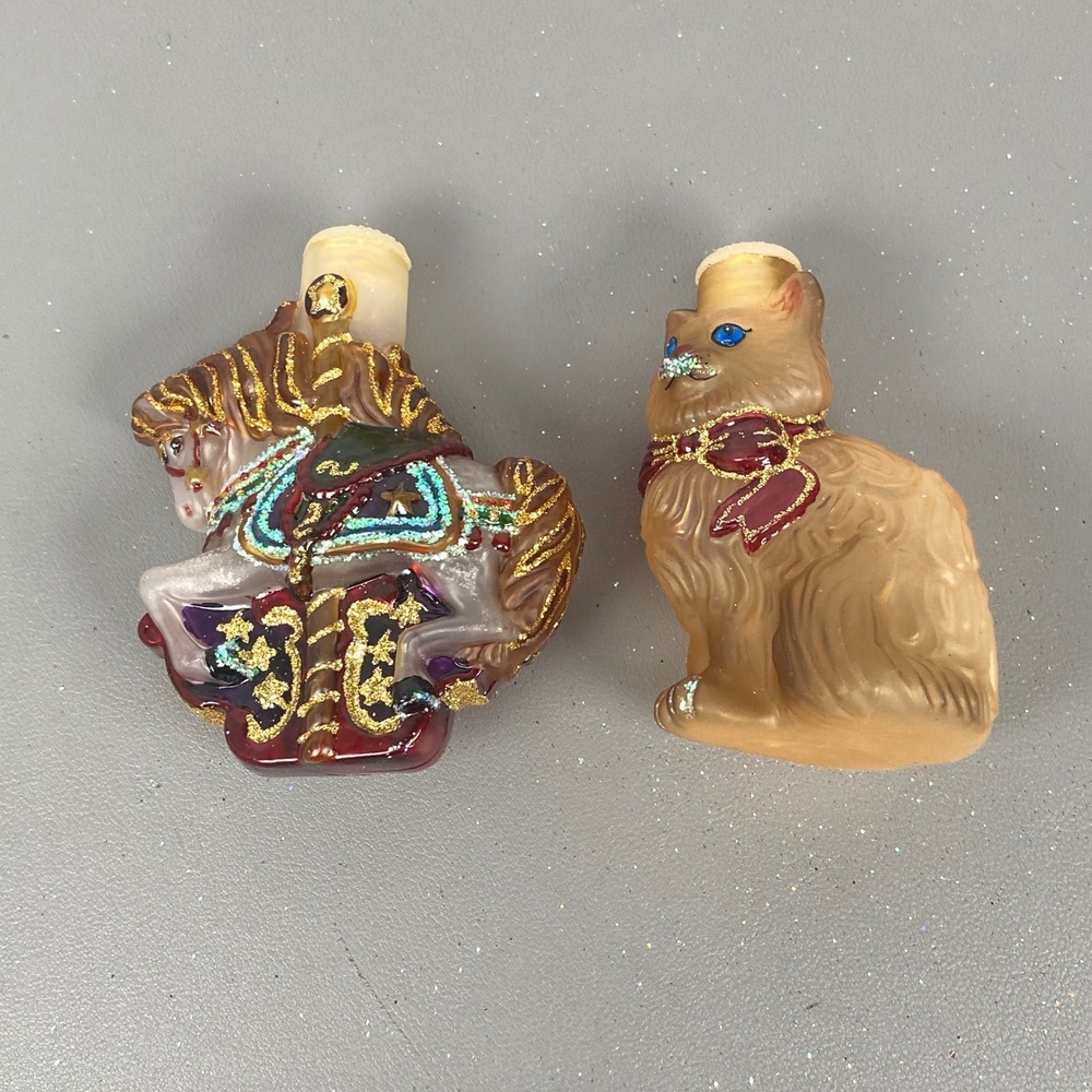 2 Old World Christmas Glass Light Covers Carousel Horse & Cat Glitter Set